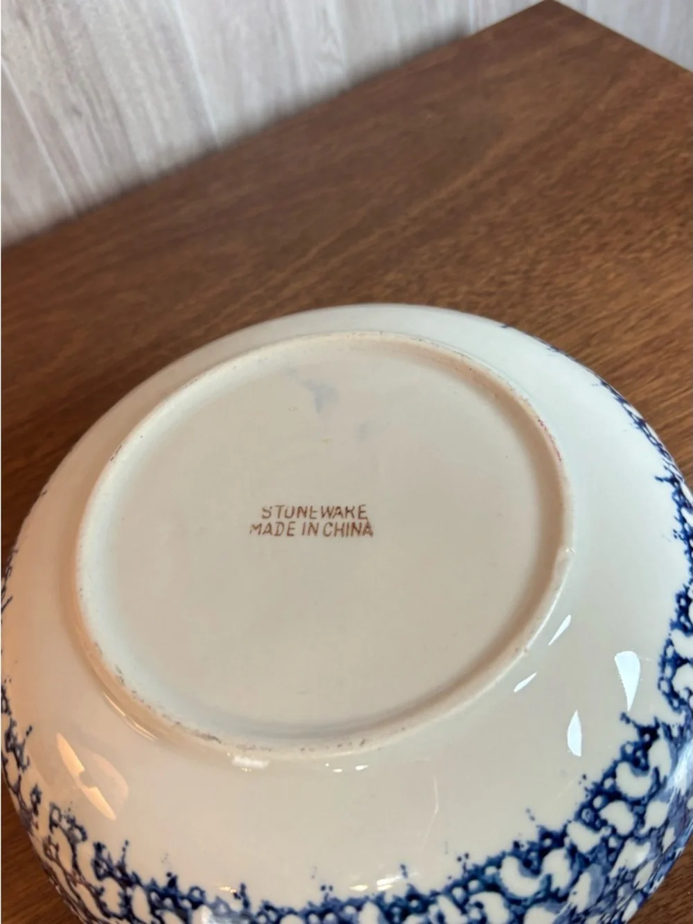 Vintage Blue & White Stoneware Sponge Painted Decorative Bowl
